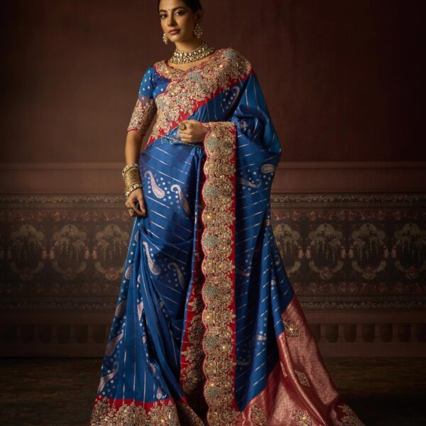 Royal Blue Bridal Saree with Peach Border in Bangalore Silk