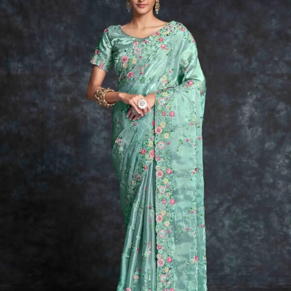 Pista Green Floral Embroidered Georgette Saree with Blouse
