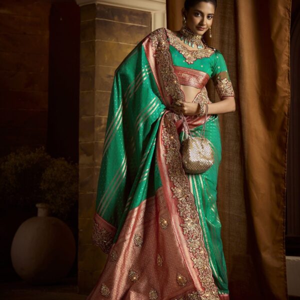 Emerald Green & Peach Bridal Saree in Pure Bangalore Taana Silk