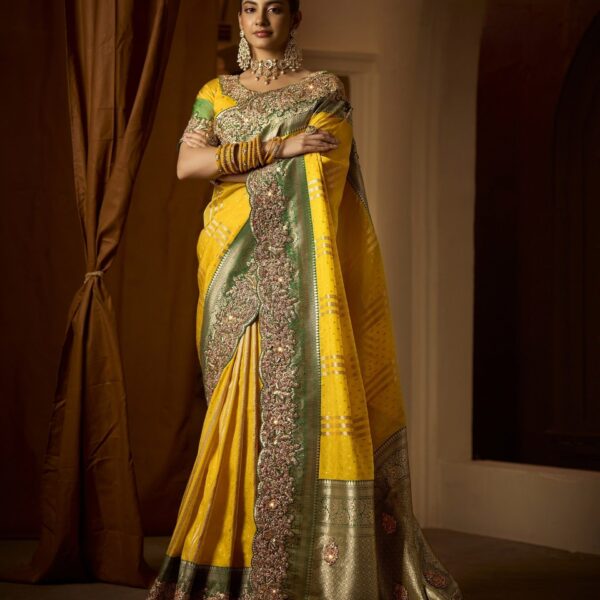 Yellow & Olive Green Bridal Saree with Moti & Zircon Embroidery