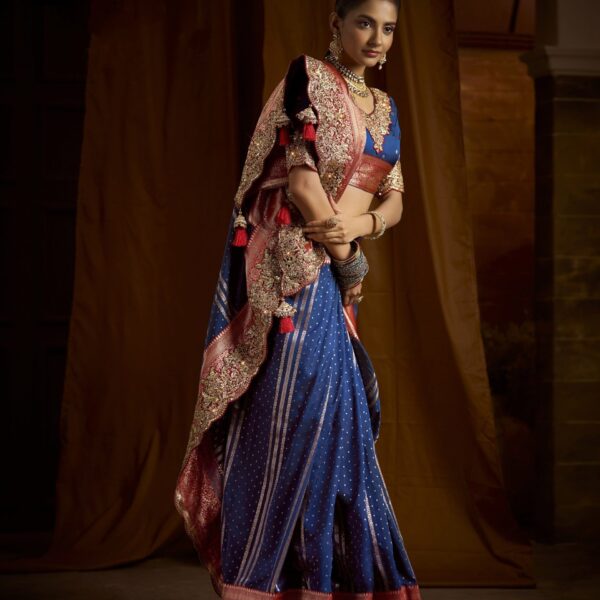 Navy Blue & Maroon Bridal Saree in Bangalore Silk Moti Work