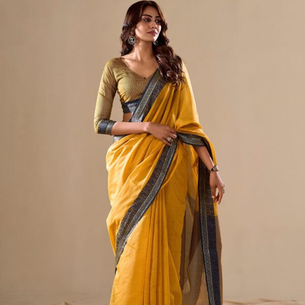 Mustard Yellow Handloom Silk Saree with Blue Border